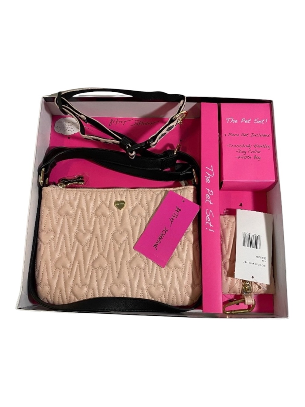 Betsey Johnson Pet Set Pale Pink Heart Crossbody Bag Waste Bag and Dog Collar